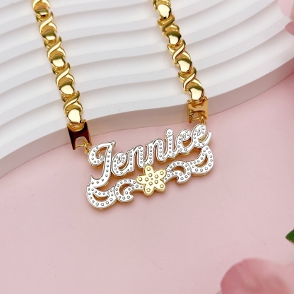 XOXO Chain Custom Two Tone Flower Nameplate Necklace