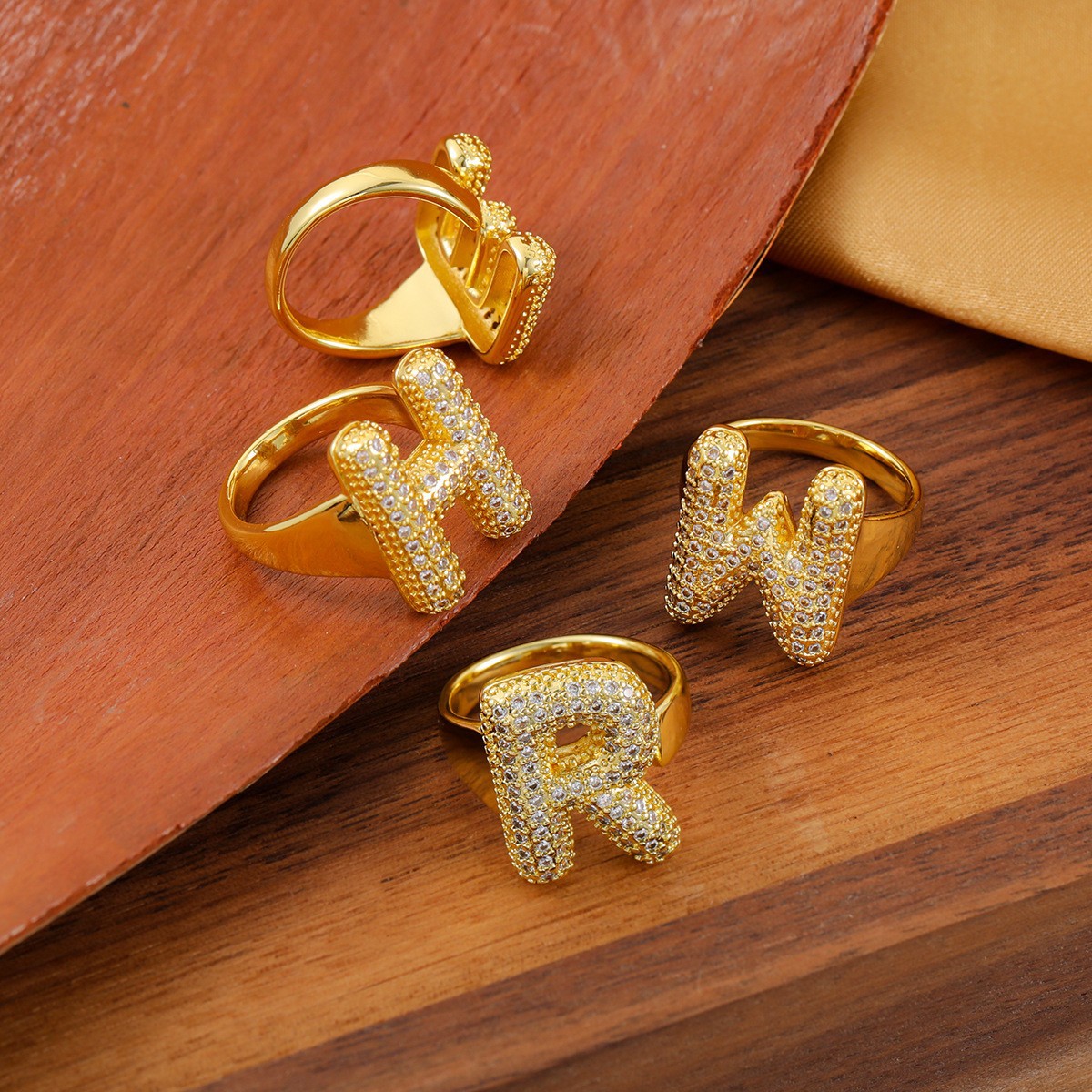 Zirconia Custom Initial Letter Open Ring Stainless Steel