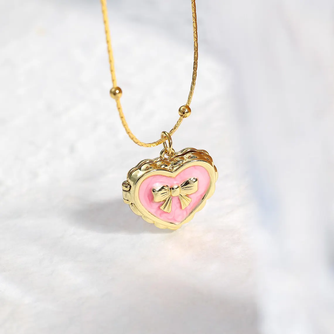 Personalized Dainty Heart Ribbon Bowtie Locket Photo Pendant Necklace