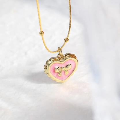 Personalized Dainty Heart Ribbon Bowtie Locket Photo Pendant Necklace
