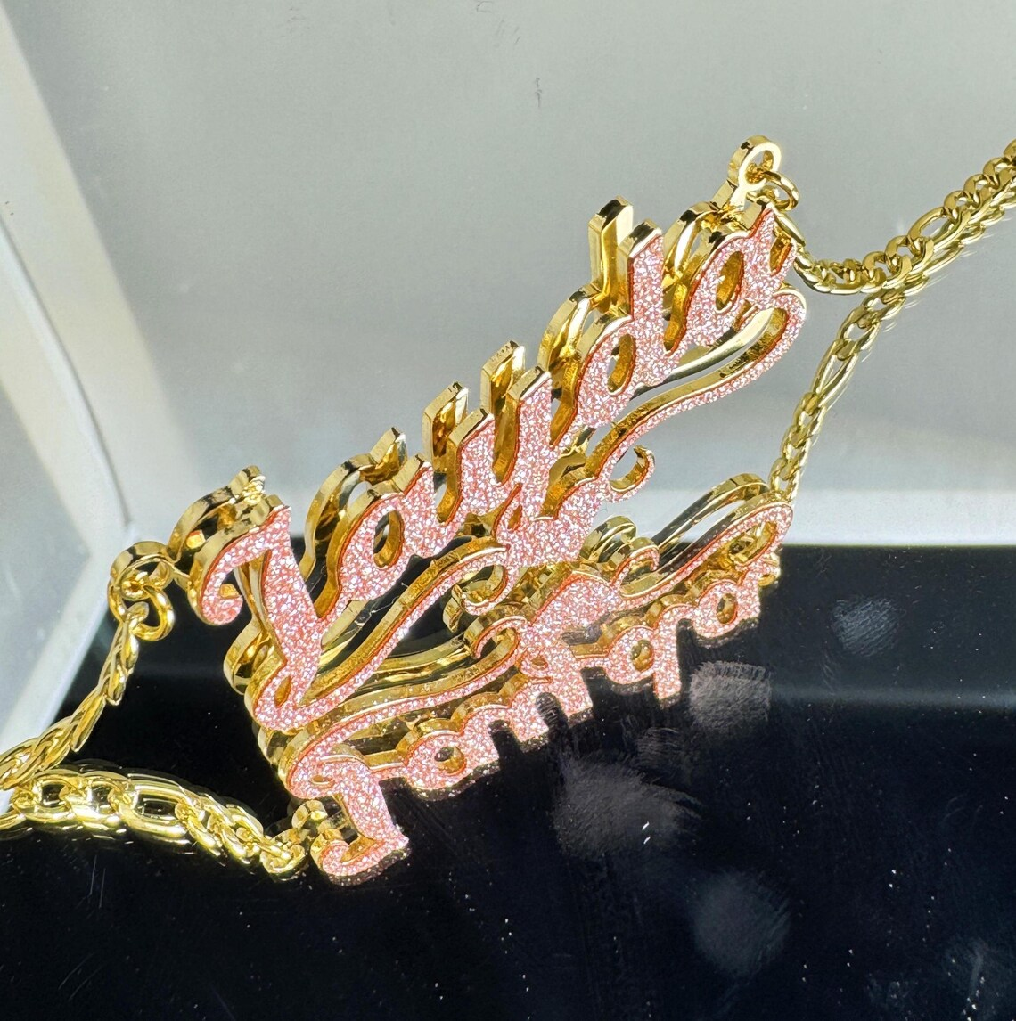 Pink Shiny Heart Stainless Steel Custom Double Layer Name Necklace