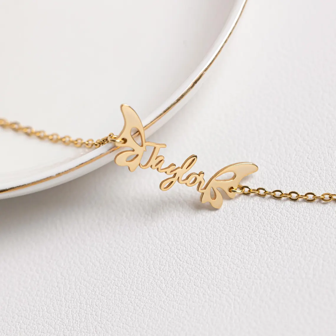 Personalized Butterfly Wings Nameplate Necklace Gold Plated