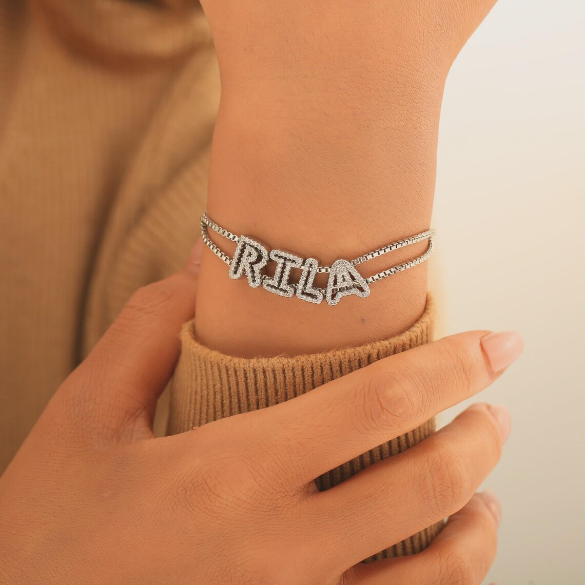 Custom Shiny Hollow Letter Diamond Cut Name Bracelet Box Chain