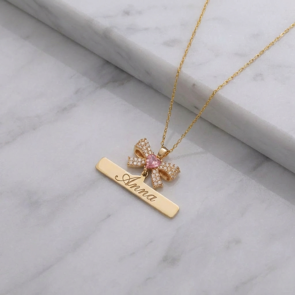 Personalized Ribbon Heart Birthstone Engraved Name Pendant Necklace