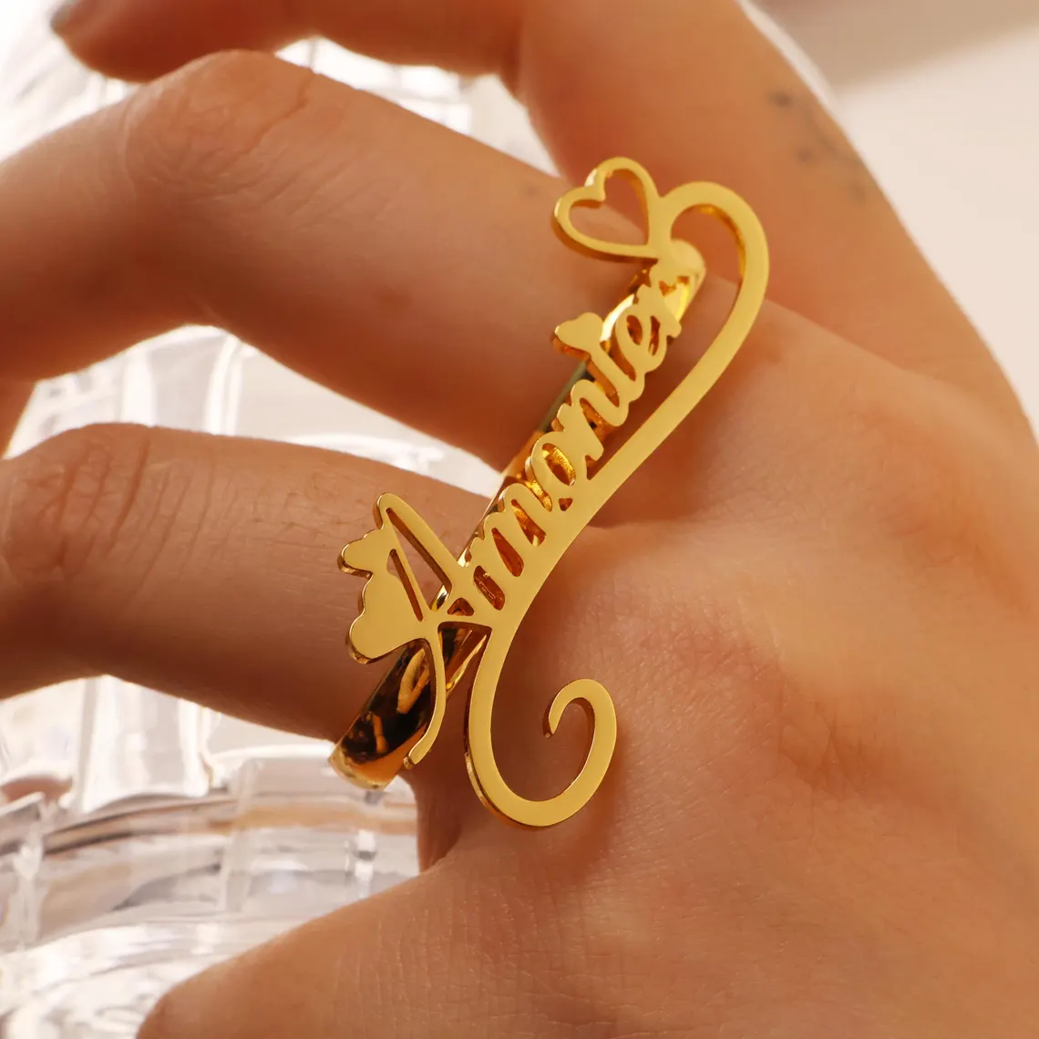 Love Heart Custom Nameplate Two Fingers Ring