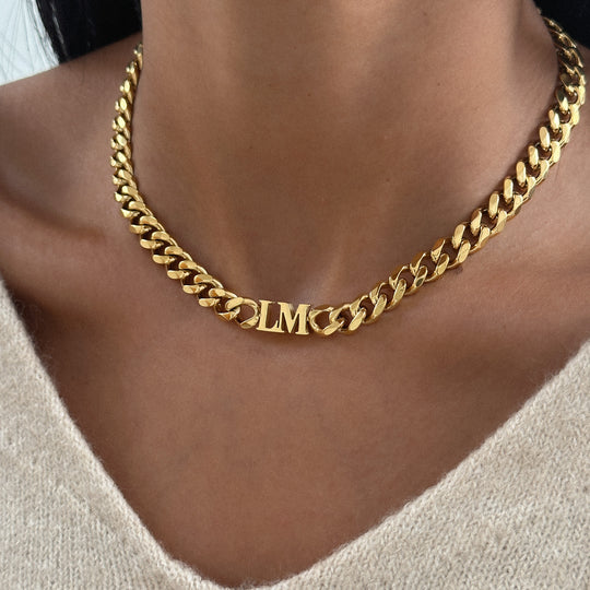 Personalized Two Initial Choker Necklace with Cuban Chain
