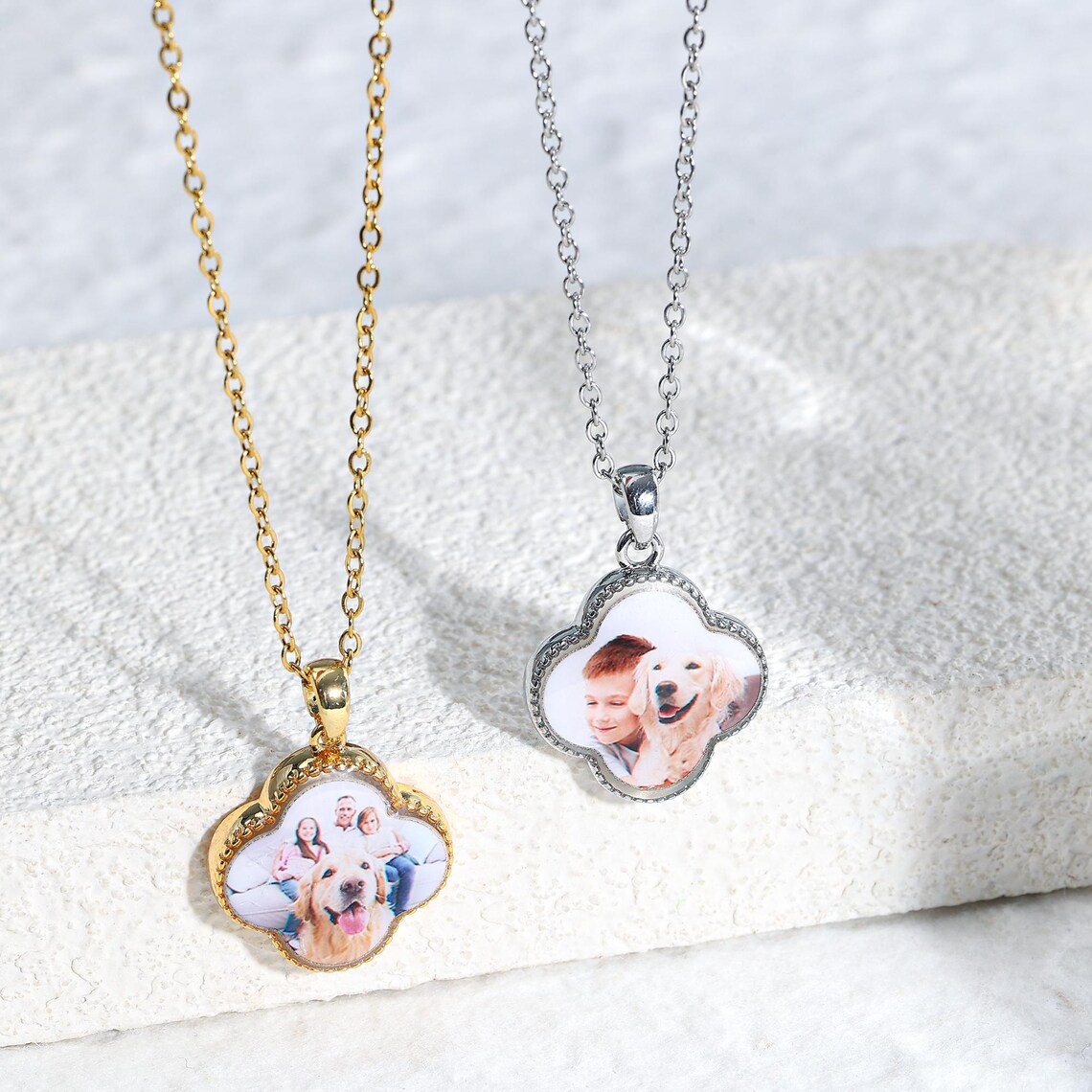 Custom Lucky Clover Photo Pendant Necklace Family Memorial Jewelry