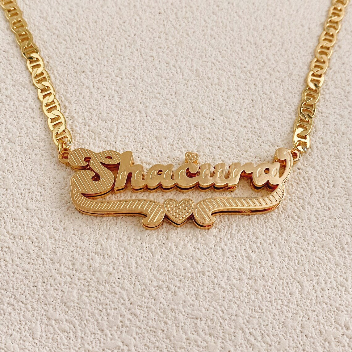Mariner Chain Double Plate Custom 3D Heart Name Necklace