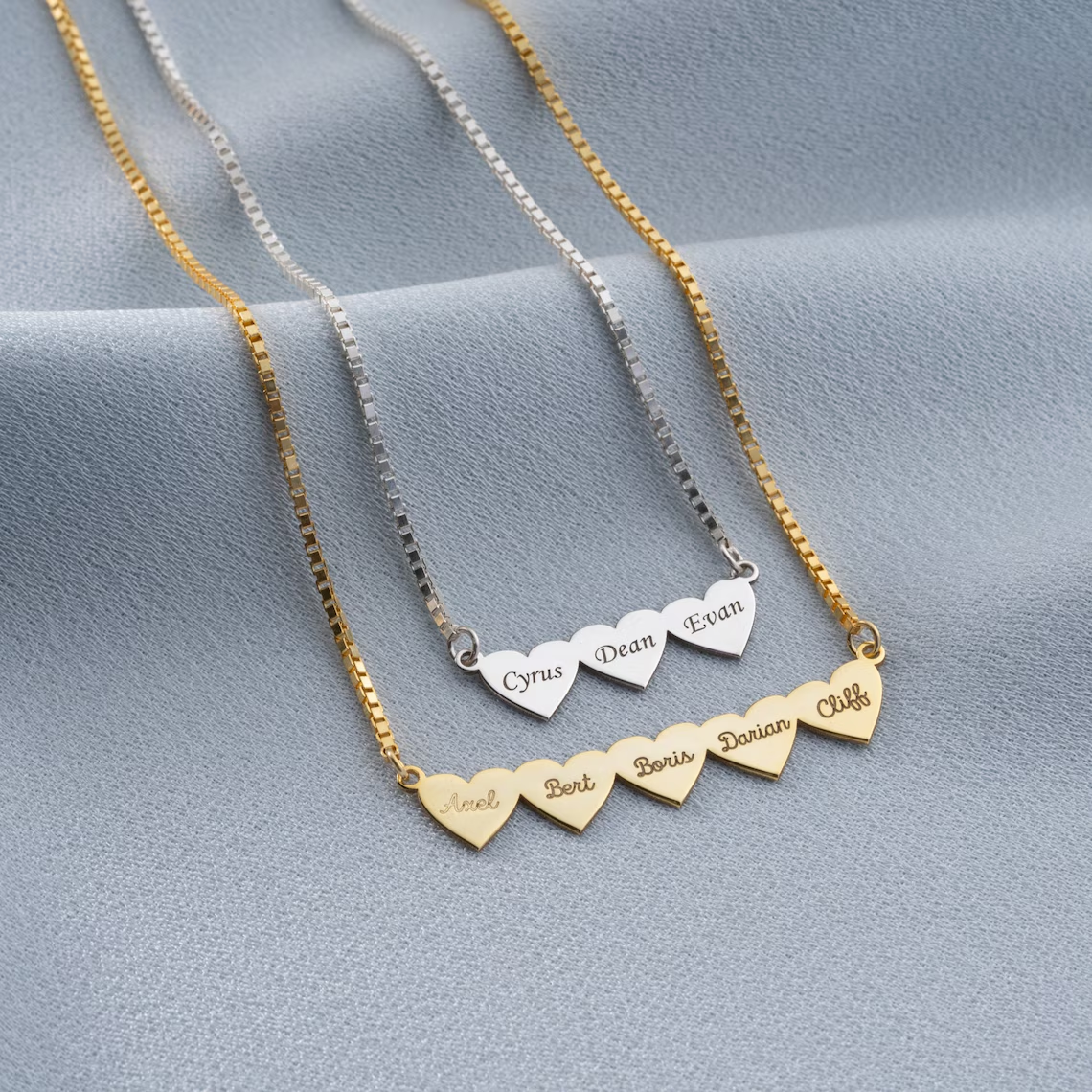 Box Chain Love Heart Family Personalized 2-6 Names Engraved Necklace