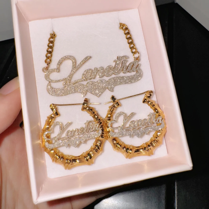 Shiny Bling Personalized Heart Nameplate Necklace Bamboo Earrings Set