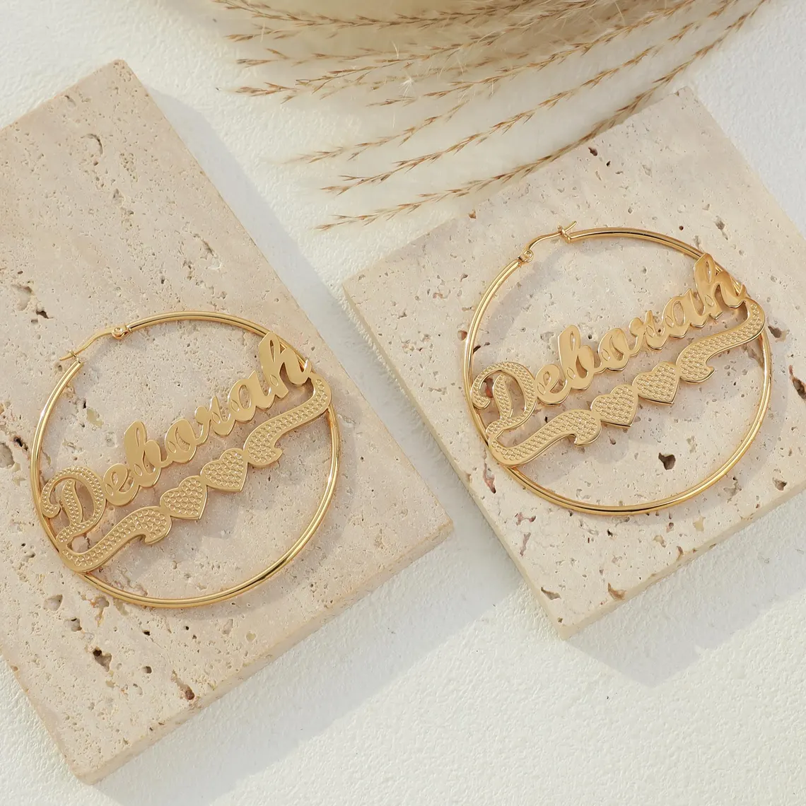 Double Hearts Nameplate Personalized Hoop Earrings
