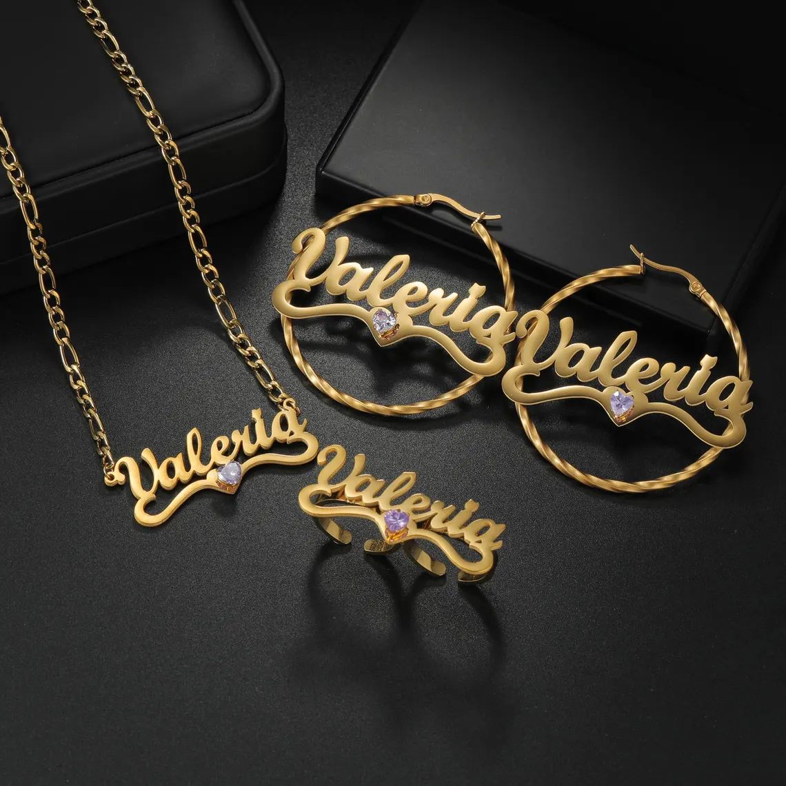 Gold Plated Personalized Nameplate with Heart Birthstone Jewelry Set 3pcs