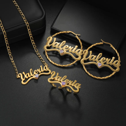 Gold Plated Personalized Nameplate with Heart Birthstone Jewelry Set 3pcs