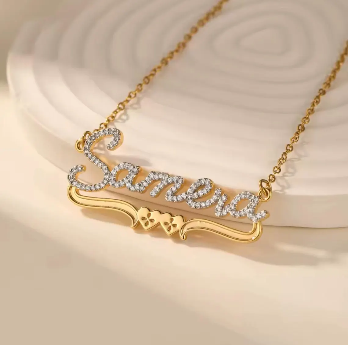 Bling Personalized Double Hearts Zirconia Name Necklace Diamond Cut