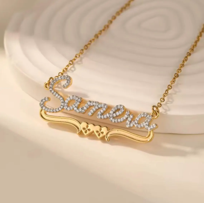 Bling Personalized Double Hearts Zirconia Name Necklace Diamond Cut