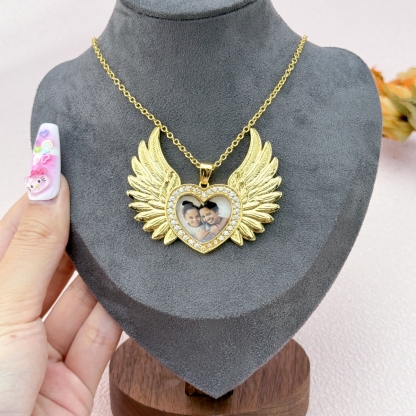 Heart Zircon Angel Wings Pendant Photo Necklace