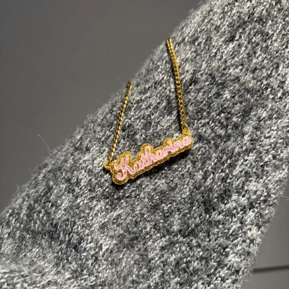 Personalized Acrylic Golden Sequins Pink Nameplate Necklace