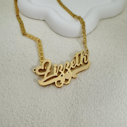 Custom Double Plate Diamond Cut Heart 3D Name Necklace