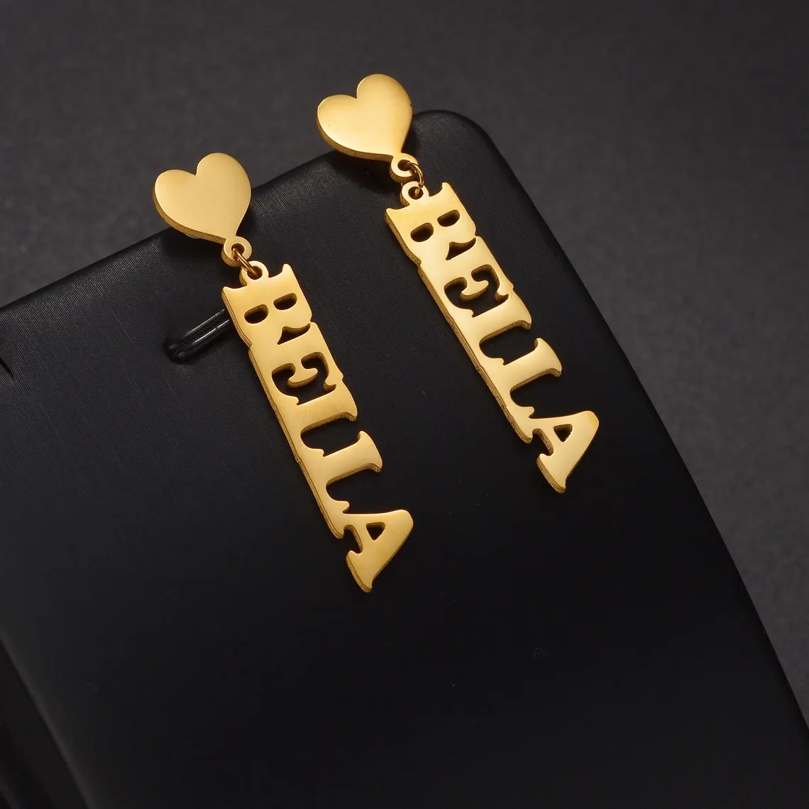 Gold Plated Love Heart Name Dangle Drop Earrings