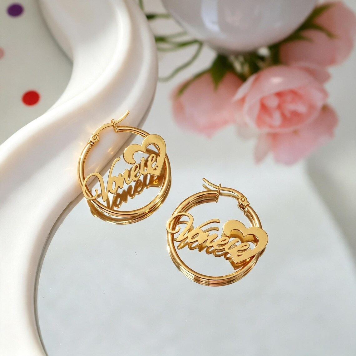 Personalized Heart Nameplate Mini Hoop Earrings