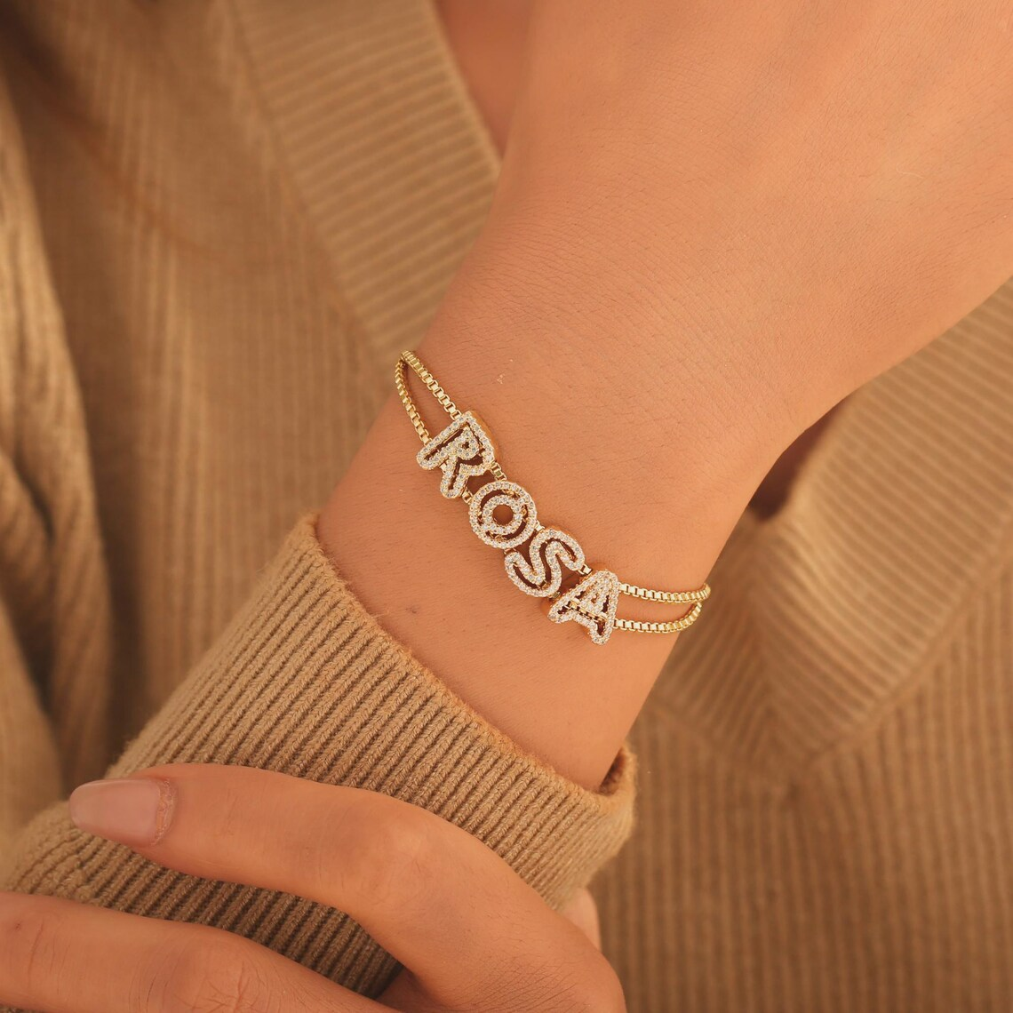 Custom Shiny Hollow Letter Diamond Cut Name Bracelet Box Chain