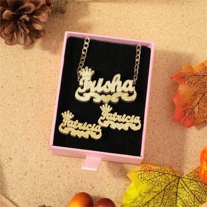 Crown Nameplate Set Personalized Double Plated Name Necklace Custom Name Stud Earrings