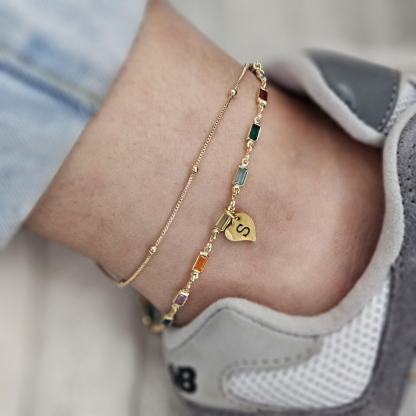 Double Layer Personalized Heart Initial Pendant Colorful Zircon Anklet
