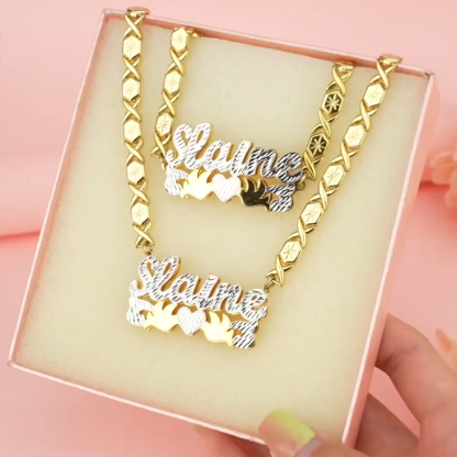 Double Layer Two Tone with Two Birds Gold Plated Personalized Custom XOXO Chain Name Necklace and Bracelet Set