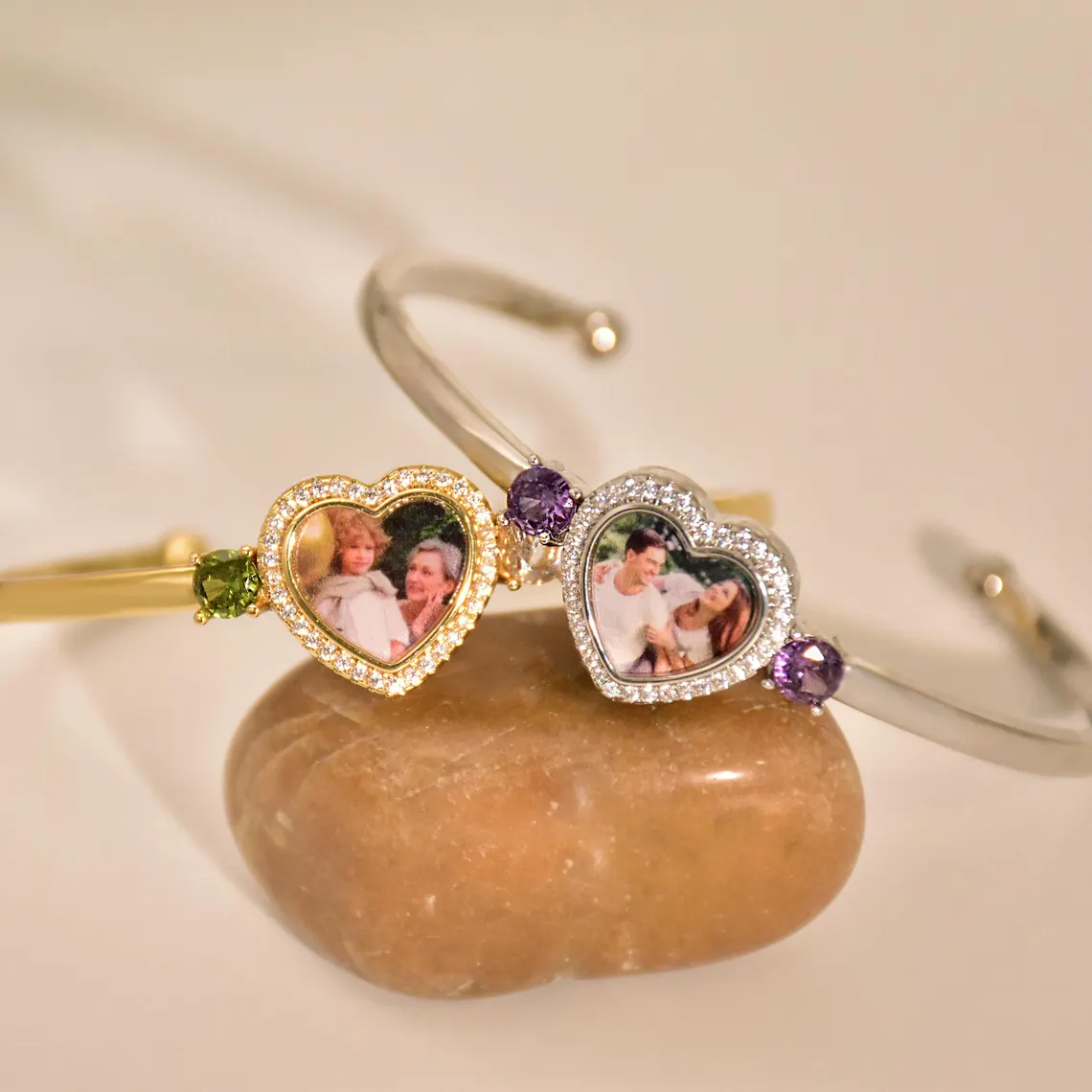 Custom Heart Photo with Two Birthstones Bangle Bracelet
