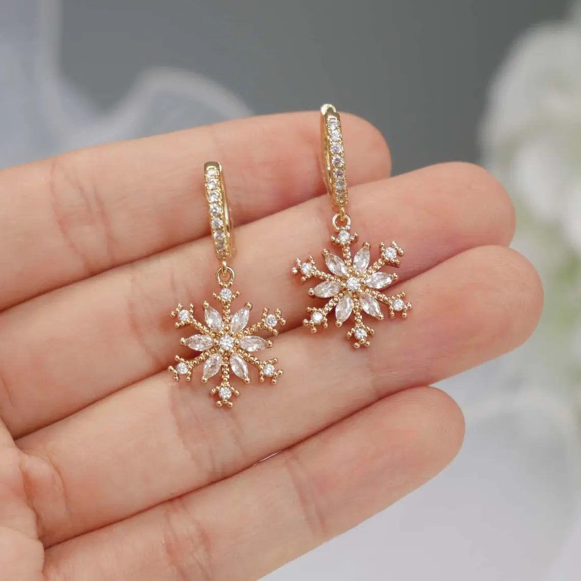 Christmas Winter Snaowflake with Zircons Huggie Earrings Dangle Earrings