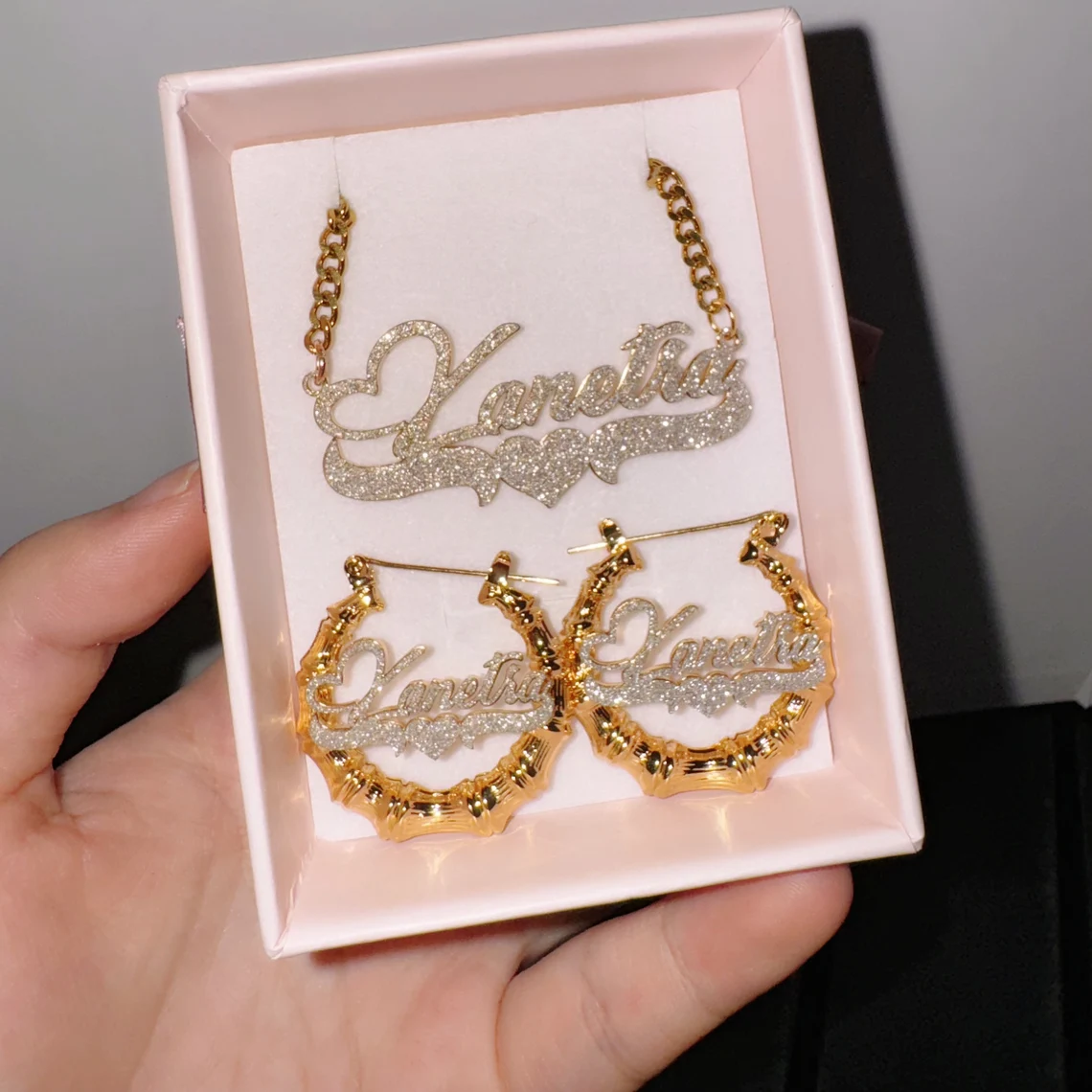 Shiny Bling Personalized Heart Nameplate Necklace Bamboo Earrings Set