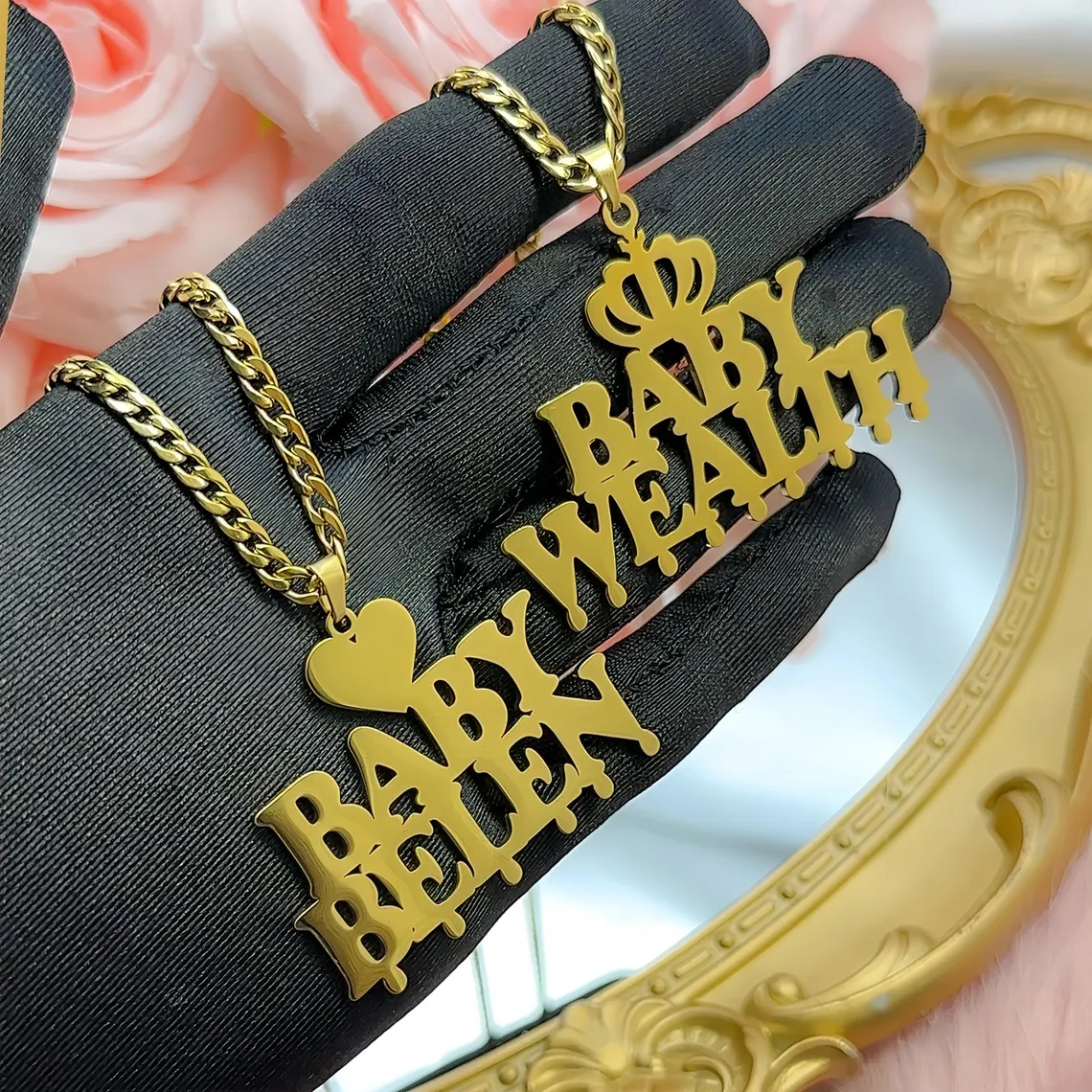 Custom Double Names Necklace With Crown Heart Gold Plated