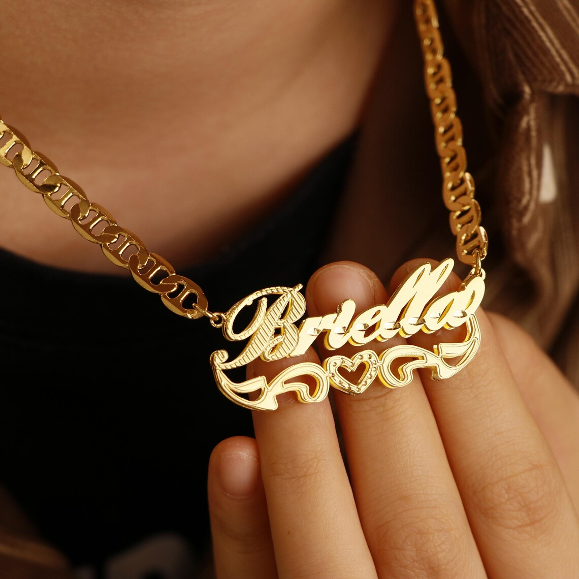 Custom Double Layer Heart Name Necklace Mariner Chian