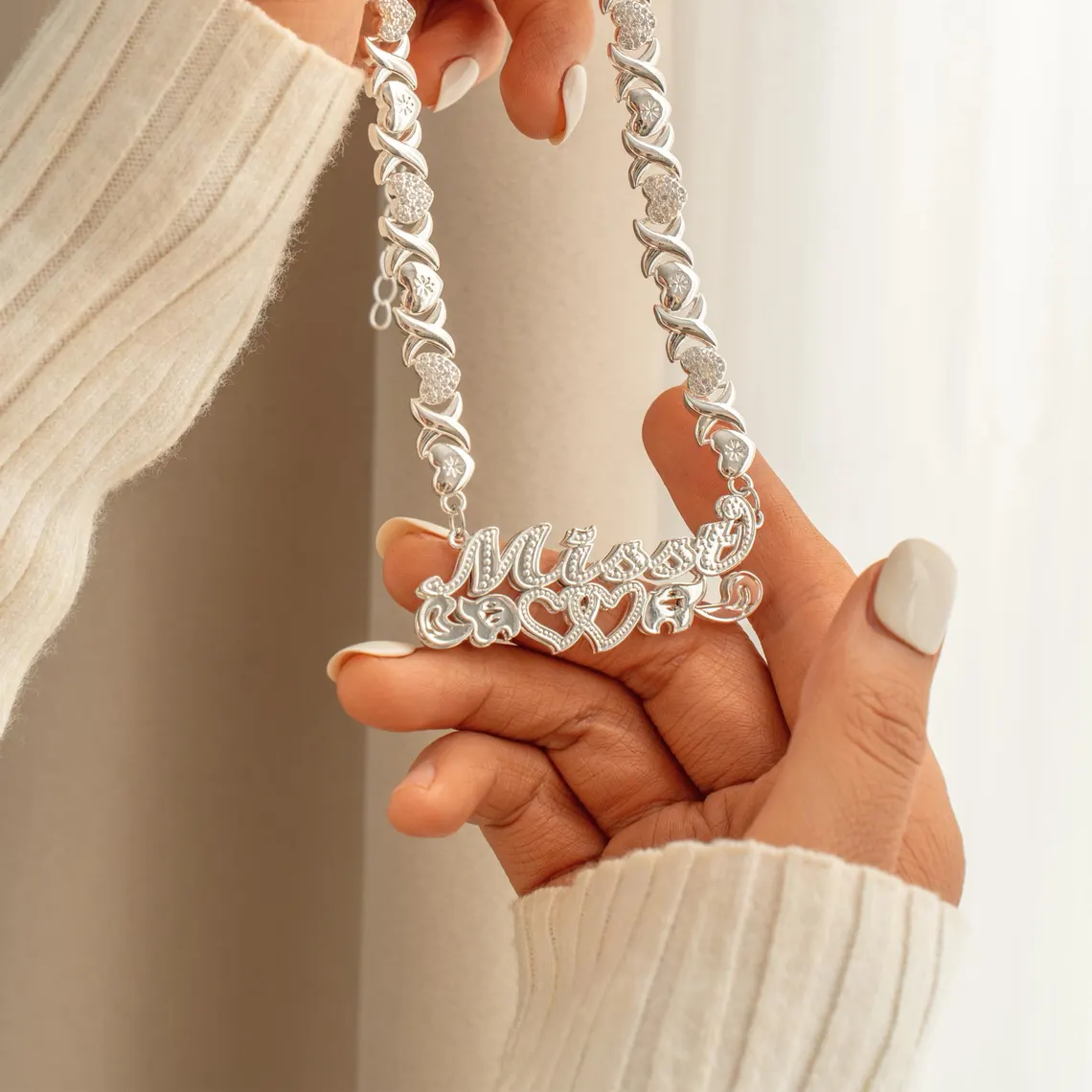 Heart XOXO Chain Double Layer Two Hearts Custom Name Necklace