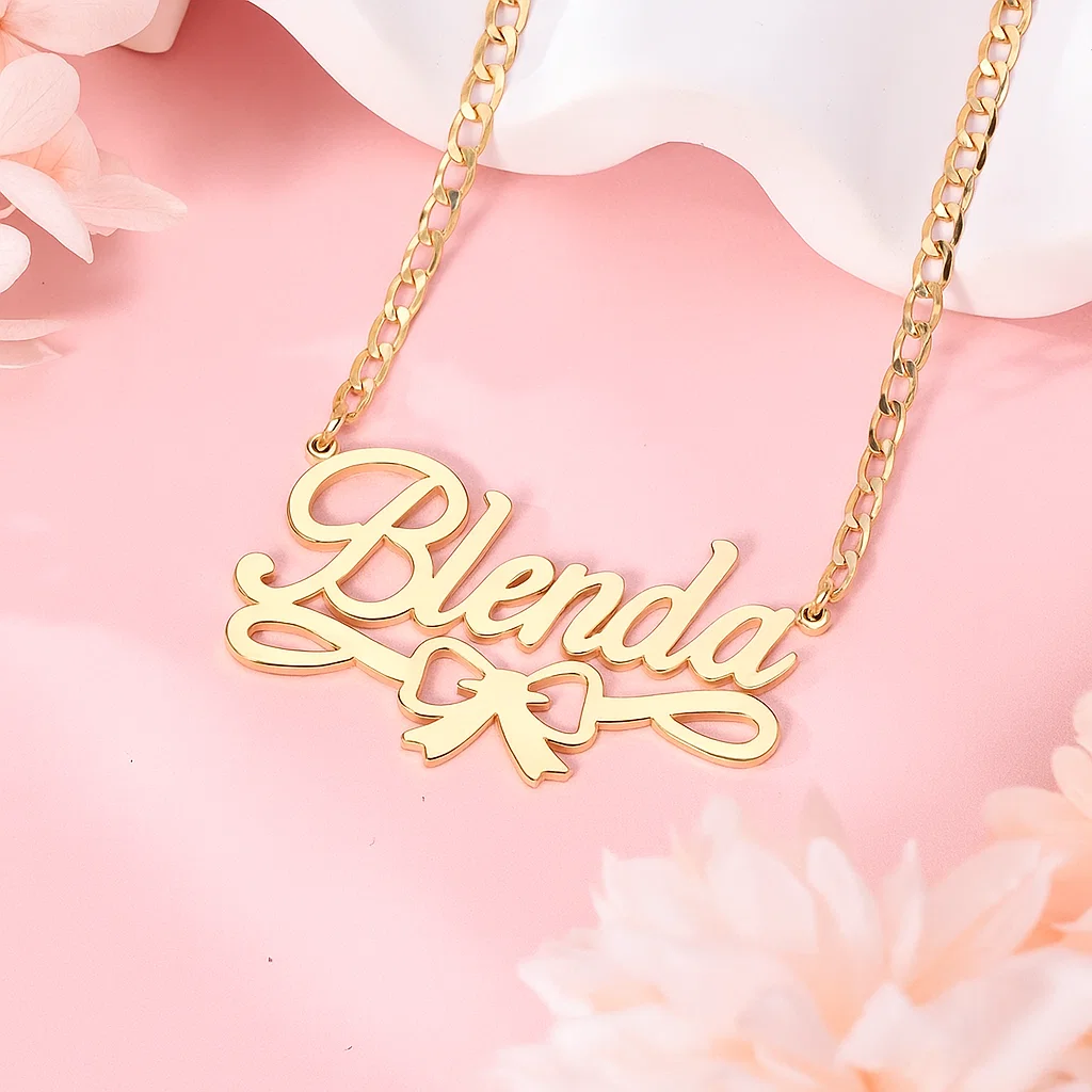 Personalized Gold Plated Bowtie Nameplate Necklace For Girls