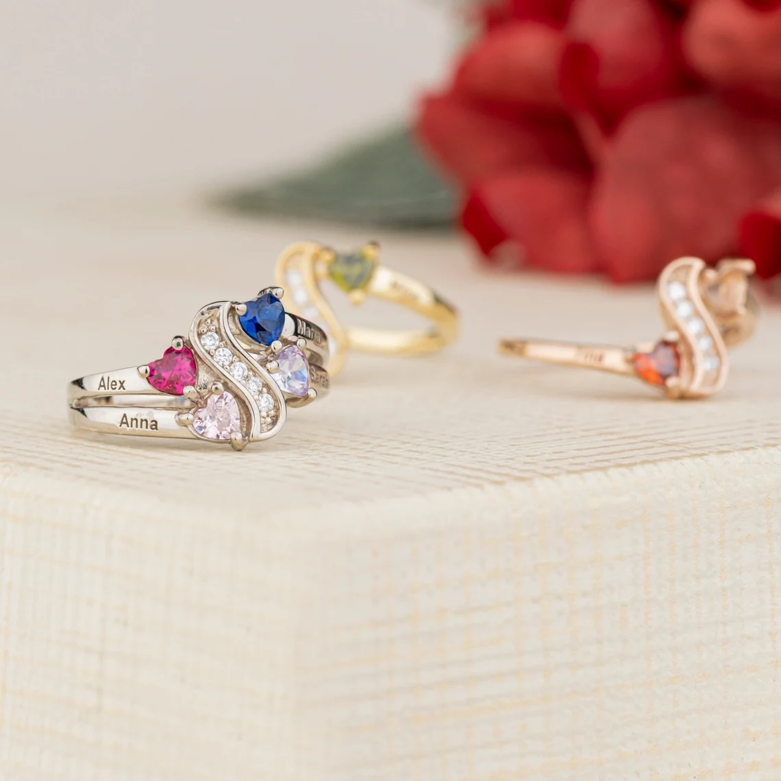2 or 4 Engraved Names with Heart Birthstones Custom Ring Family Ring