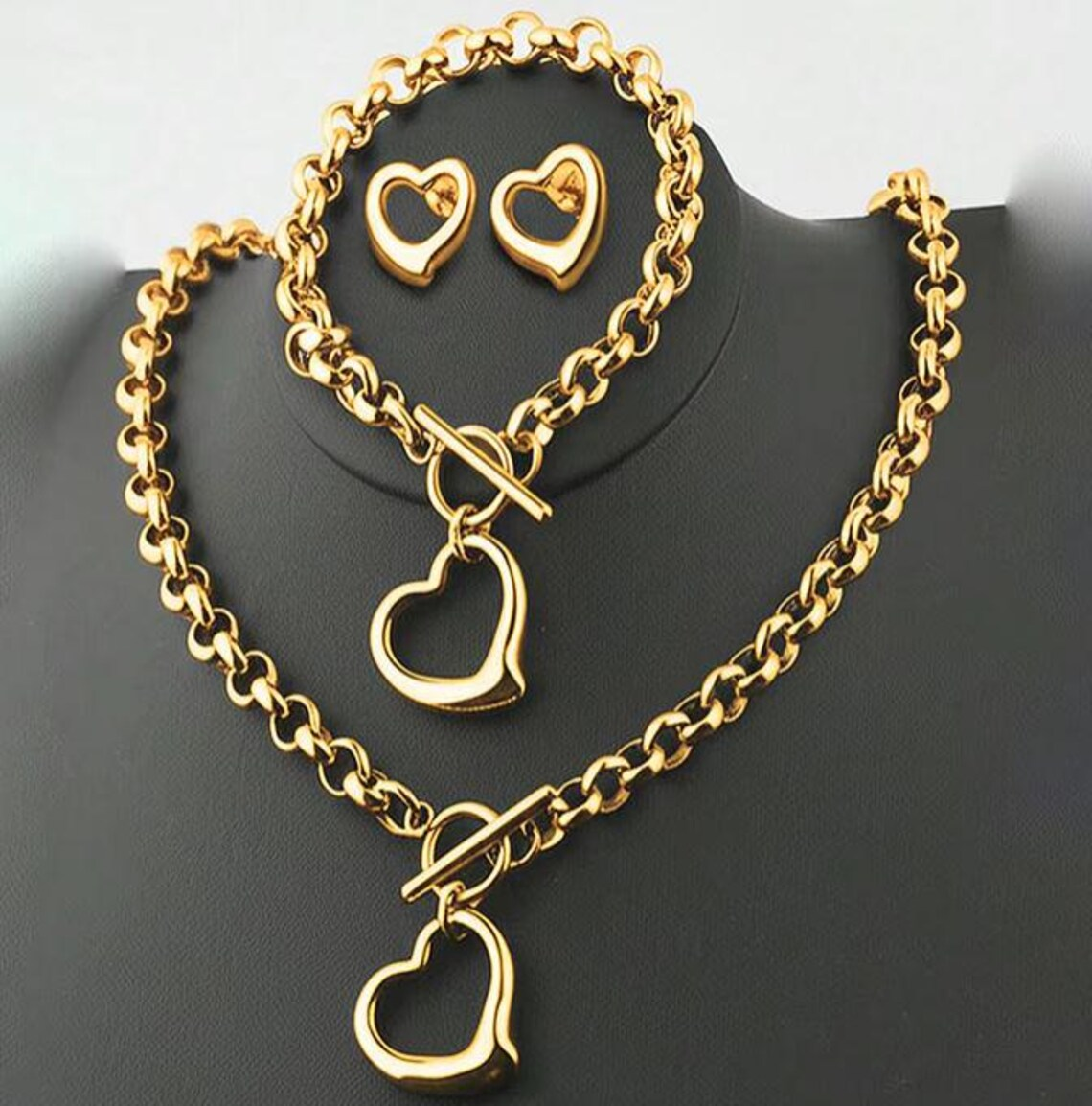Stainless Steel Love Heart Charm Bracelet Earrings Necklace Jewelry Set 3pcs