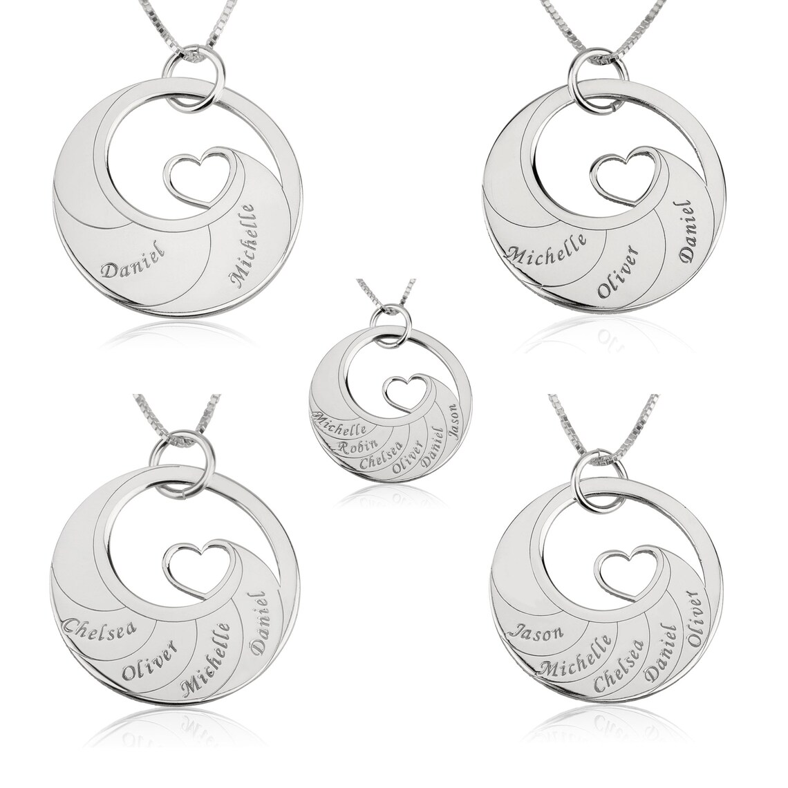 Heart Round Pendant Custom 2-6 Engraved Names Family Necklace