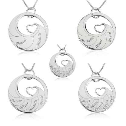 Heart Round Pendant Custom 2-6 Engraved Names Family Necklace