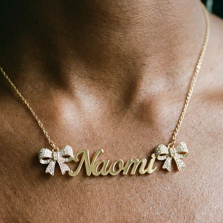 Personalized Double Zirconia Bows Ribbon Nameplate Necklace Girly Necklace