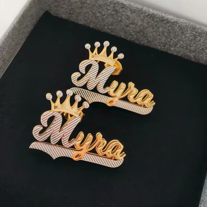 Customized Double Plate Crown Name Stud Earrings