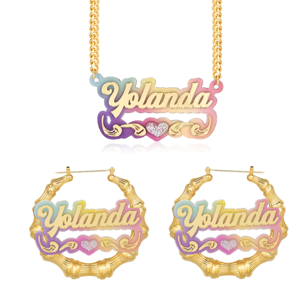 Personalized Colorful Heart Acrylic Jewelry Set Custom Name Necklace Bamboo Earrings