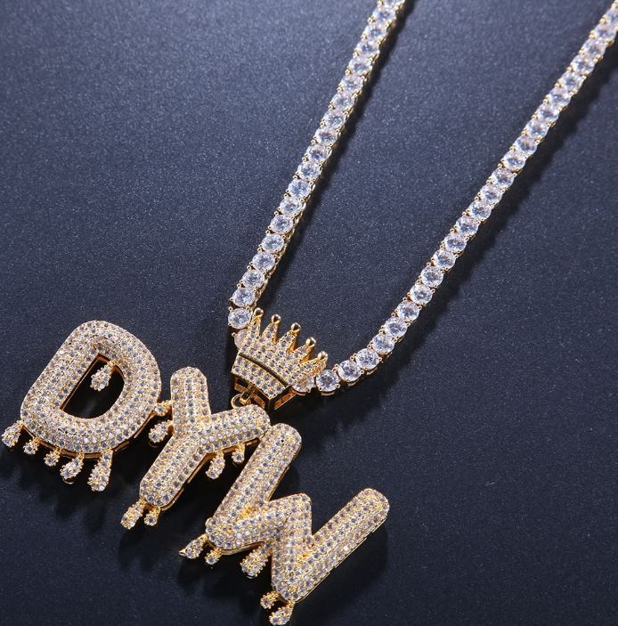 Tennis Chain Crown 2 to 6 Drip Letters Pendant Custom Gold Plated Initial Necklace
