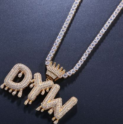 Tennis Chain Crown 2 to 6 Drip Letters Pendant Custom Gold Plated Initial Necklace