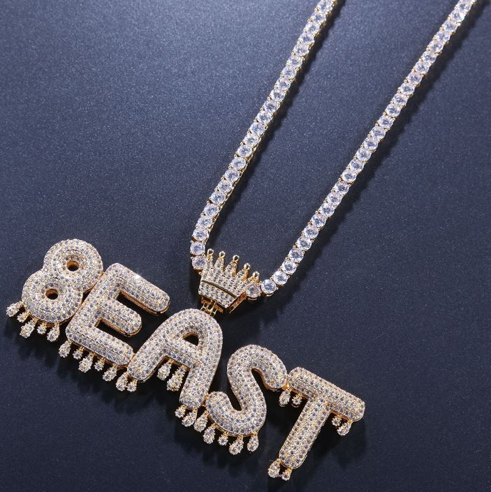 Tennis Chain Crown 2 to 6 Drip Letters Pendant Custom Gold Plated Initial Necklace