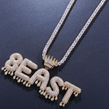 Tennis Chain Crown 2 to 6 Drip Letters Pendant Custom Gold Plated Initial Necklace