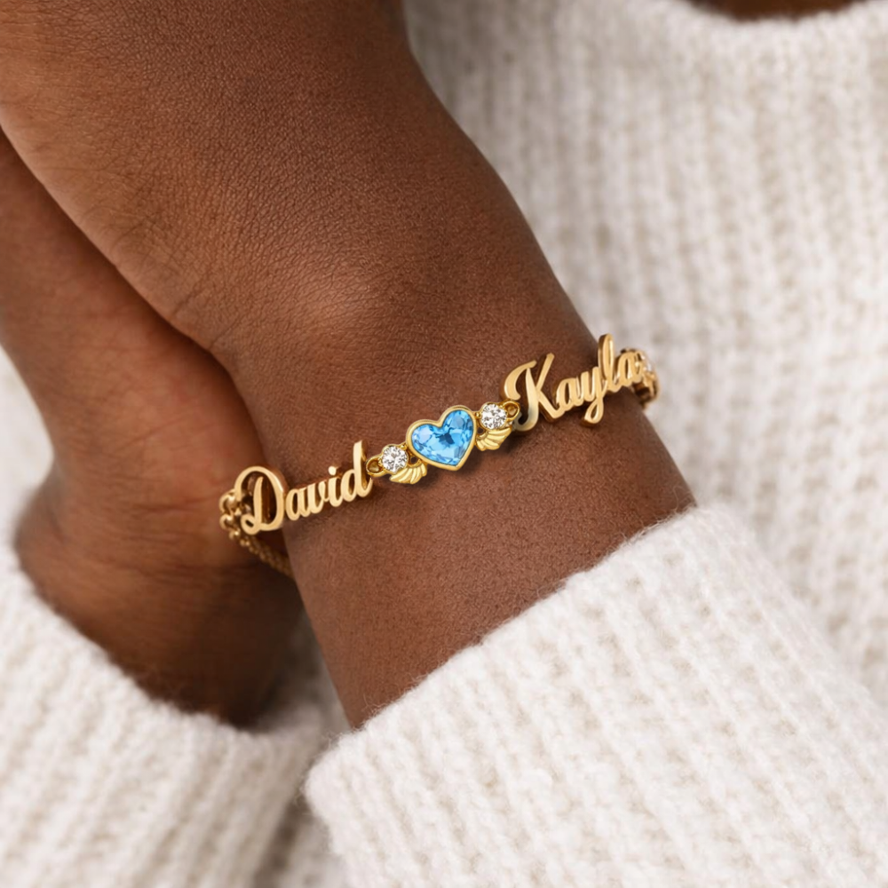 Personalized Couple Names with Heart Birthstone Bracelet