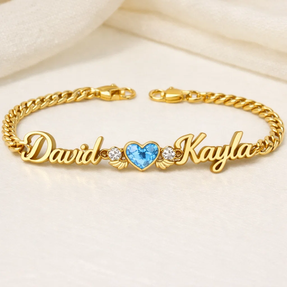 Personalized Couple Names with Heart Birthstone Bracelet