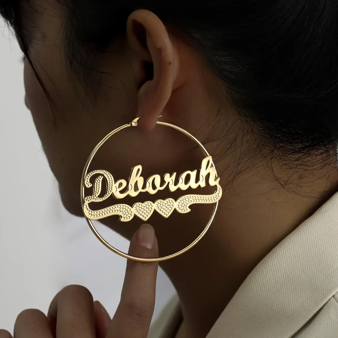 Double Hearts Nameplate Personalized Hoop Earrings