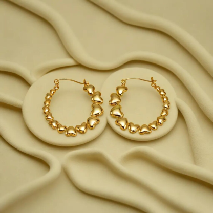 Woman 35mm Gold Filled Puffed Heart Hoop Earrings Stainless Steel